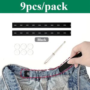 9개/팩 블랙 조절 가능한 탄성 허리 밴드 확장기 (청바지 및 바지용), 남녀 공용 허리 조임 장치, 버튼 및 실 꿰기 클립 포함, 스커트 및 바지용 내구성 좋은 편안한 착용감