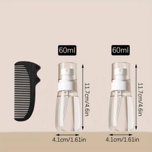 3종 세트 (휴대용 투명 스프레이 병 2개 + 휴대용 빗) 휴대용 투명 스프레이 병 여행용 60ml 향수 분무기 디스펜서 병