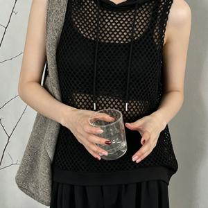 여성 여름 신상 후드 드로스트링 할로우 메쉬 민소매 조끼, 캐주얼 레이어링 올매치 쉬어 아우터 조끼 탑