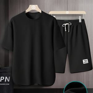 남성용 여름용 반팔 정장, 라운드 넥 티셔츠, 고급 단색 컬러, 반팔, 오픈 헤어핀, 얇고 통기성 좋은 반바지, 투피스 세트, AWESOME BIRD