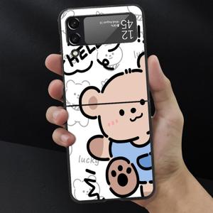 갤럭시 Z 플립 3 4 5G 휴대폰 케이스: 헬로 카툰 귀여운 토끼 곰 블랙 하드 케이스, 휴대폰 보호 커버