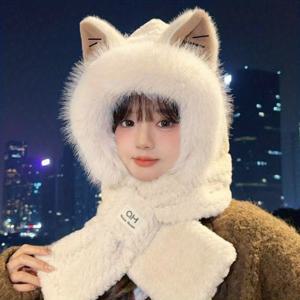 귀여운 후드 스카프 모자, 인조 플러시 넥 커버가 있는 두꺼운 단색 겨울 모자, 따뜻한 콩 모양 신축성 있는 두꺼운 넥 워머, 랜덤 만화 귀 스타일, 푹신한 플러시 여성용 모자, 5가지 색상 선택 가능, 2025년 신상 스타일