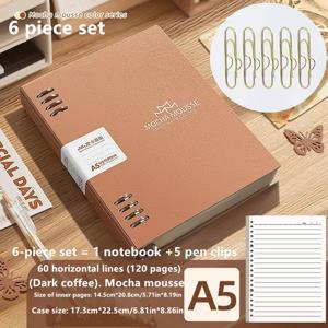 6개 세트 (노트 1개 및 펜 클립 5개 포함) 모카 무스 컬러 시리즈 A5/B5 루스리프 노트북, 무자극 탈착식 교체형 노트북 코일. 용도: 다이어리, 메모, 사무용품, 사무실