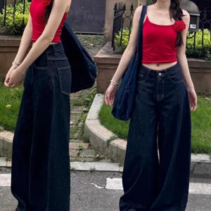 2026 봄, 여름, 가을 신상 한국 스타일 여성용 얇은 와이드 레그 청바지 레트로 루즈핏 하이웨스트 드레이프 캐주얼 플로어 레그 팬츠