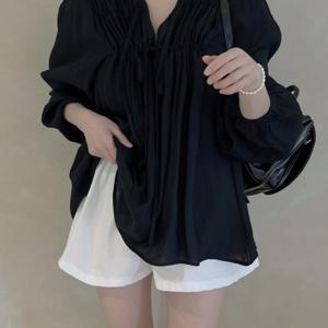 성격이 다양한, 다재다능한 루즈 레이스업 V넥 플리츠 단색 퍼프 슬리브 셔츠 쉬폰 셔츠