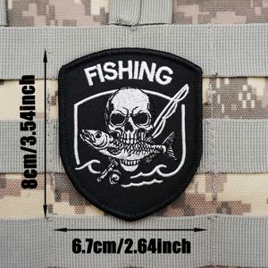 스켈레톤 낚시 수 놓은 패치 1개, 후크 앤 루프 뒷면, 조끼 배낭 의류용 전술 사기 배지
