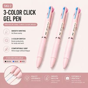 3개입, 젤 펜 1개는 3개! 3색 푸시형 중성 펜 0.5mm 가는 팁, 부드러운 필기감, 검정, 파랑, 빨강 3가지 색상, 휴대가 편리한 그립감, 휴대용 멀티 컬러 펜, 사무실 및 손 계산 특별, 귀여운 색상 핑크, 회색