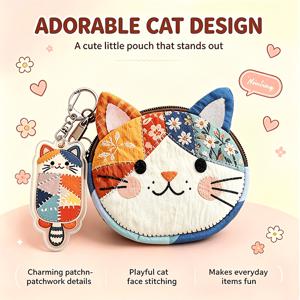 새로운 일본 여성용 노벨티 지갑 및 아크릴 고양이 펜던트, 대용량 지퍼 메이크업 가방 귀여운 고양이 패치워크 천 가방 동전 지갑 휴대용 수납 가방, 여행 및 일상 사용에 적합