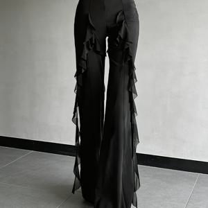 여성 블랙 Y2K 레트로 패션 슬림핏 러플 패치워크 플레어 팬츠, 다용도 및 편안함, 봄/여름/가을 패션 스타일, 간편한 단색 디자인, 편안한 착용감, 탄성 있는 편안한 핏