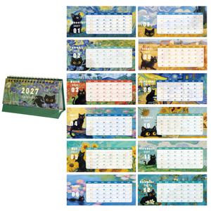 2027년 월별 캘린더 그림 아이리스 & 검은 고양이 데스크 캘린더 휴대용 미니 사이즈, 일일 및 월별 페이지 포함, 사무실 및 가정용, 날짜 플래너 및 책상 장식, 고양이 애호가를 위한 훌륭한 생일 및 새해 선물