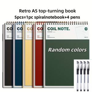 5개 세트, 스파이럴 공책 1개 + 펜 4개 포함, 랜덤 색상, 공책 및 다이어리, 빈티지 A5 공책 - 80페이지, 80G 두꺼운 종이, 하드 커버 및 수채화 디자인 - 대학생용으로 완벽