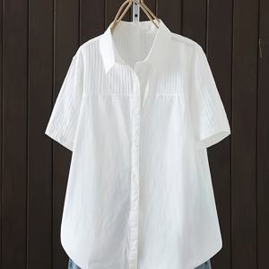 문학적인 레트로 화이트 반팔 셔츠 여성 여름 신상 루즈핏 비대칭 밑단 간편 다용도 캐주얼 가디건