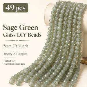 49개 세이지 그린 구멍 뚫린 유리 구슬 - 8mm 원형 사전 드릴링 비즈, DIY 주얼리 제작, 팔찌, 목걸이, 귀걸이, 공예 액세서리용 - 비즈업용 유리 구슬
