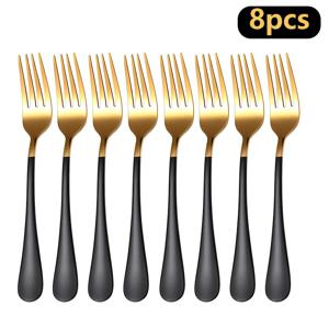 8pcs 골든 블랙 스테인리스 스틸 커트러리 세트, 샐러드 포크, 파스타 포크, 디저트 포크, 기타 에피타이즈/가벼운 식사용기구 포함 - 미러 폴리싱, 내구성 좋고 세척이 쉬움, 식기세척기 사용 가능, 일상적인 가정용, 서양식 및 중식당, 디저트 가게 등에 적합