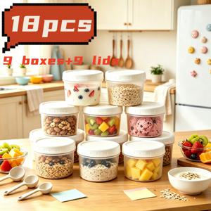 18개 재사용 가능한 식품 보관 용기 (용기 9개 및 뚜껑 9개), 요거트, 오트밀, , 견과류, 과일 및 스낵 보관용 밀폐 용기, 누수 방지 도시락, 가정, 주방 및 여행용으로 적합, 크리스마스 및 할로윈 선물로 완벽