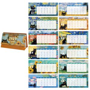 2027년 그림 테이블 달력 해바라기와 검은 고양이 월별 달력, 데일리, 주간, 월간 페이지 포함, 사무실 및 가정용, 스케줄 플래너 및 책상 장식, 고양이 팬을 위한 완벽한 새해 선물