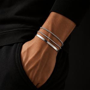 3개 남성용 304 스테인리스 스틸 팔찌 뱀 체인 브레이드 체인 세트 반지 남성 패션 액세서리 주얼리 세트, 방수, 저자극성, 쌓을 수 있는 손목 주얼리, 캐주얼 커플 데일리 웨어 선물