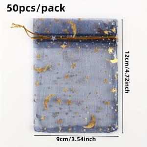 50개 네이비 블루 오간자 선물 가방, 골든 호일 악센트, 3.54x4.72인치 - 결혼식 사탕, 메이크업 및 선물 포장에 완벽함