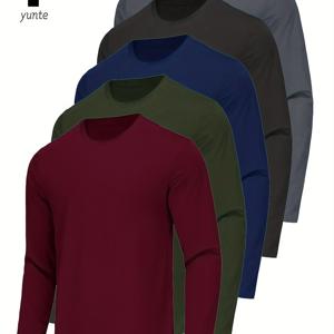 남성용 운동용 긴팔 크루넥 셔츠, 빠른 건조, 단색, 진한 빨강, 군용 녹색, 네이비 블루, 검정, 회색 5개 세트 - 폴리에스터, 피트니스 및 야외 활동에 적합