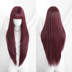 코스튬 가발 롱 버건디 레드 가발, 앞머리가 가득한 높은 레이어링 밀도 포도빛 레드 여성용 가발, 뮤직 페스티벌 코스프레 장식용 34인치