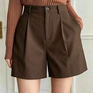 여성용 하이웨이스트 플리츠 포켓 시크 빈티지 반바지
