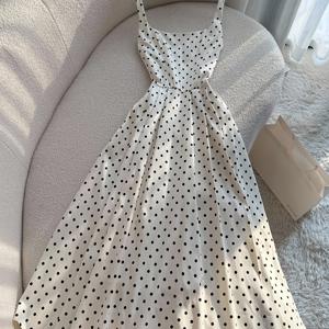 여성용 신상 봄/여름 프렌치 스타일 우아한 빈티지 스퀘어넥 폴카 도트 프린트 스파게티 스트랩 A라인 보정 롱 드레스, 일상 출퇴근, 휴가, 캐주얼웨어용