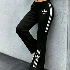 여성용 양면 나뭇잎 패턴 프린트 긴 바지, 유럽 및 미국 스타일 사이드 화이트 스플라이스 플레어 trouser, 신축성 있는 슬림핏 날씬해 보이는 캐주얼 팬츠, 패셔너블하고 활용도 높은 아이템, 부드럽고 편안한 원단으로 제작, 아웃도어용 S