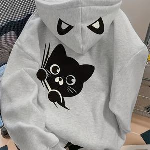 D92-아메리칸 빈티지 새로운 카툰 귀여운 고양이 발바닥 프린트 고양이 귀 프린트 긴팔 안감 후드 스웨트셔츠 여성 가을 겨울 하이 스트리트 패션 루즈 커플 후드티 탑-LYH171