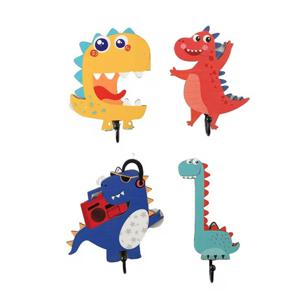 공룡 벽걸이 후크 4개 세트, 4개의 고리, 안정적인 구조, 만화 현관 열쇠걸이, 강한 내하중, 나무 열쇠 홀더
