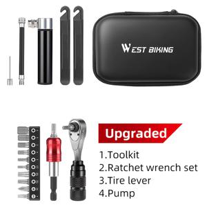 WEST BIKING 8pcs 자전거 공구 세트 다기능 자전거 수리 공구 키트 (래칫 및 타이어 레버 포함) 휴대용 야외 비상 유지 보수 도구 (산악/로드 자전거용)
