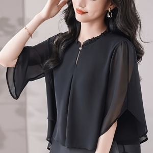 2026 새로운 스타일 2-in-1 룩 루즈핏 활용도 높은 상의, 스타일리시한 버섯칼라 시폰 블라우스, 패셔너블한 튜닉