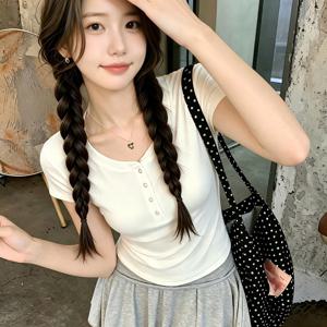 여성 탑, 우아한 버튼 하프 오픈 V넥, 실링 반팔 티셔츠 단색 슬림핏 탑, 쇼핑 및 데이트에 적합
