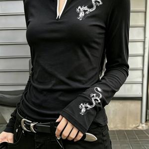 하프 지퍼 스탠드 칼라 긴팔 티셔츠, 슬란트 롱 바디 플라이 드래곤 국산 트렌드 프린트 슬림핏 신상 중국 스타일 트렌디 캐주얼 베이스 레이어