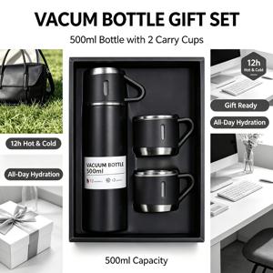 진공 단열 컵 선물 세트 500ml 304 스테인리스 스틸 진공 컵 커피 컵 12시간 지속 냉온 겸용 이중 단열 표준 1개 메인 컵 및 2개 손잡이 여행용 머그 및 2개 교체용 뚜껑 밀폐 누수 방지 휴대용 공유