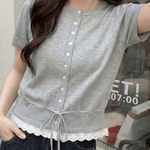 여성용 슬림핏 반소매 가디건, 칼리지 스타일, 여름용 라운드넥, 레이스 패치워크, 드로스트링 밑단