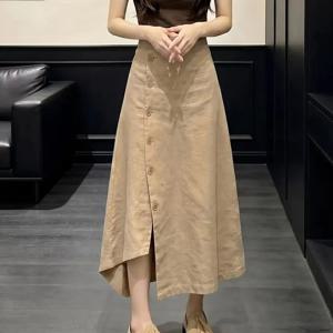 여성 한국 스타일 여름 하이웨스트 스커트 미디 언발란스 버튼 솔리드 데일리 캐주얼 우아한 스커트 슬림소녀