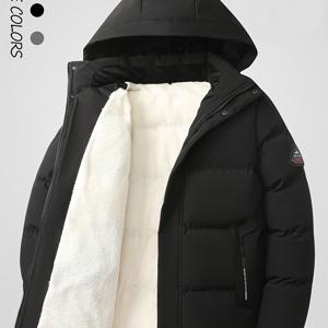 2025년 겨울 신상 남성용 솔리드 컬러 플리스 후드 재킷, 엑스트라 안감, 탈부착 가능한 후드가 있는 캐주얼 두꺼운 코트