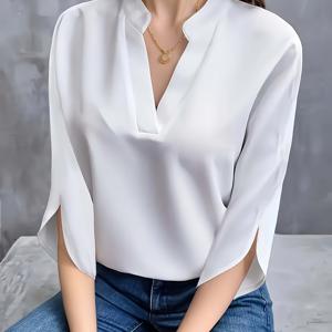 여성용 우아한 노치 넥 블라우스 - 캐주얼 짧은 슬릿 소매 솔리드 컬러 탑, 봄 & 여름용 통기성 레귤러 핏, 캐주얼 및 정장에 어울리는 다재다능함, 반팔 블라우스, 일상 패션, 세련된 디자인, 가벼운 원단, 여름 옷장