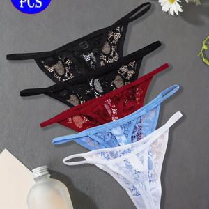 여성용 섹시 세미 시스루 레이스 가는 끈 팬티 5개 세트 - 반투명 섬세한 장식이 있는 스트링 미디엄 웨이스트 속옷, 통기성 좋고 편안한 가는 끈/스트링용, 손세탁 가능한 레이스 장식 디자인, 일상복 및 특별한 날에 적합