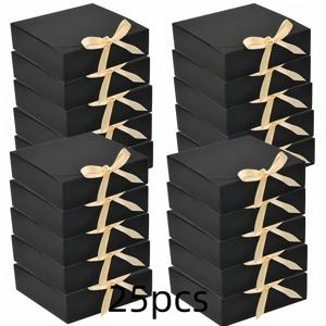 남녀를 위한 선물 25개 접이식 선물 상자, 묶은 리본 포함 - 6.5X6.5X2인치 단색 선물 포장 상자 (블랙/화이트/핑크/브라운), 모든 행사, 휴일, 생일, 결혼식에 적합 | 리본 포함, 도구 불필요, 크리스마스, 할로윈