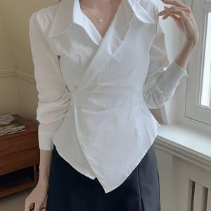 여성용 우아한 슬림핏 블라우스 - 비침 방지 긴소매 셔츠, 어시메트리컬 허리밴드 디자인, 오피스부터 파티까지 연중 내내 활용 가능한 세련된 정장 & 캐주얼 룩