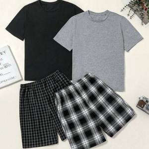 소년용 청소년 파자마 4pcs - 체크무늬 티셔츠 & 매칭 반바지 잠옷, 부드러운 라운드넥 여름 잠옷, 청소년 소년용 봄/여름 잠옷, 청소년용