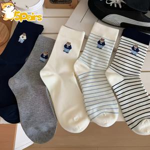 5켤레 레트로 곰돌이 미드-카프 양말, 여성 솔리드 필 양말, 간편한 한국 트렌디 올매치 통기성 캐주얼 데일리 여행 학생 롱 양말 5켤레 세트