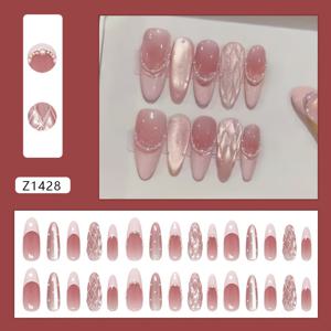 3D 고양이 눈 펄 물방울 무늬 스위트 핑크 프렌치 체크 그라데이션 패셔너블 웨스턴 인스 스타일 탈착식 네일 아트 젤리 글루