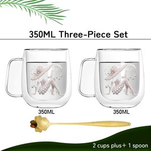 3pcs 세트, 2개의 이중 레이어 붕규산 유리잔과 1개의 골든 스푼, 투명하고 밝음, 커피, 과일차, 우유 및 음료에 적합. 사무실, 파티, 선물, 축제 및 야외 활동을 위한 최고의 동반자