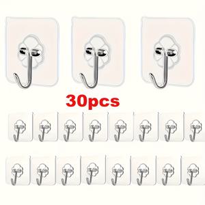 30개 투명 자가 점착 후크, 걸이용, 강력 벽걸이 후크, 자가 점착 스티키 후크, 주방 커튼, 욕실 수건에 적합, 강력하고 못 없이, 벽 안전, 강력한 고정, 다양한 표면 호환, 다용도 후크