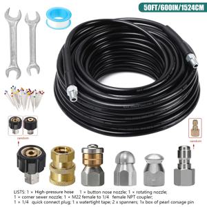 고압세척기용 하수구 청소 키트 100ft/50ft, 5800PSI 배수구 청소 호스 1/4인치 NPT 코너 회전 및 버튼 노즈 하수구 청소 노즐 스패너 방수 테이프 진주 코사지 핀