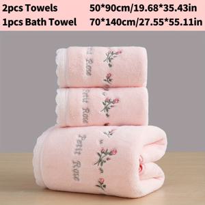 3pcs 수건 목욕 타월 세트 레이스 자수 장미 극세사 자수 수건 목욕 타월 전원풍 스타일 커플 남녀 가정용 세수 목욕 용품 수건 2개 (50*90cm/19.68*35.43in) + 1개 (70*140cm/27.55*55.11in)