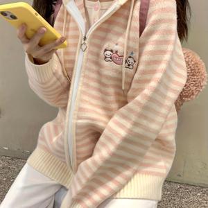 일본 스타일의 달콤한 패치워크 가디건 지퍼 후드 귀여운 스타일 소프트 짧은 키 스타일 의상 스웨터 코트