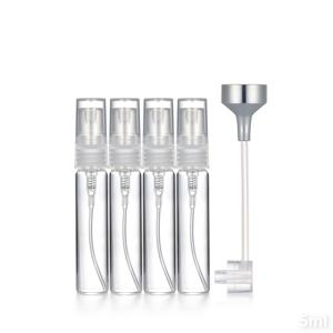 휴대용 여행용 향수 디캔팅 병 세트 (2ml, 3ml, 5ml, 10ml). 리필 가능 스프레이 병으로 구성되어 있으며 유리 바디와 플라스틱 프레스 스프레이 노즐이 포함되어 있습니다.